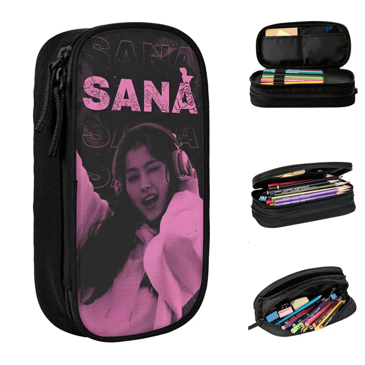 Twice Sana Pencil Cases Korean Kpop Music Pen Holder Bags for Student Large Storage Office Zipper Pencil Pouch