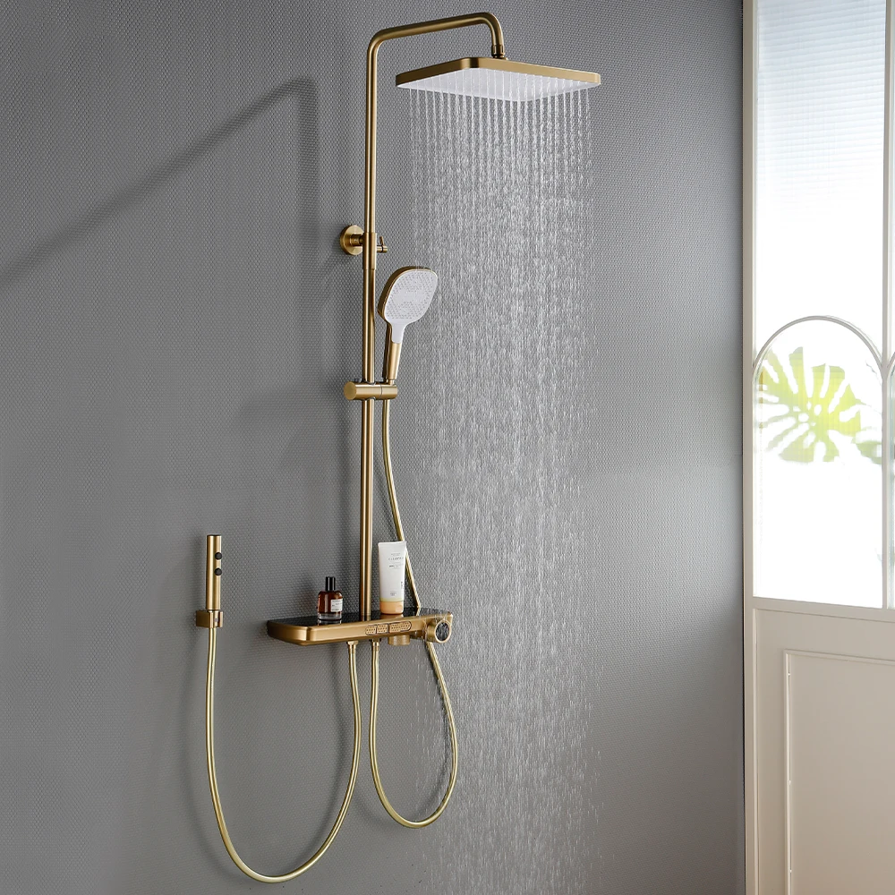 

SKOWLL Square Rainfall Thermostatic Shower Set, Round Pipe Slide Bar Multi-Function Handheld Shower System with Shelf