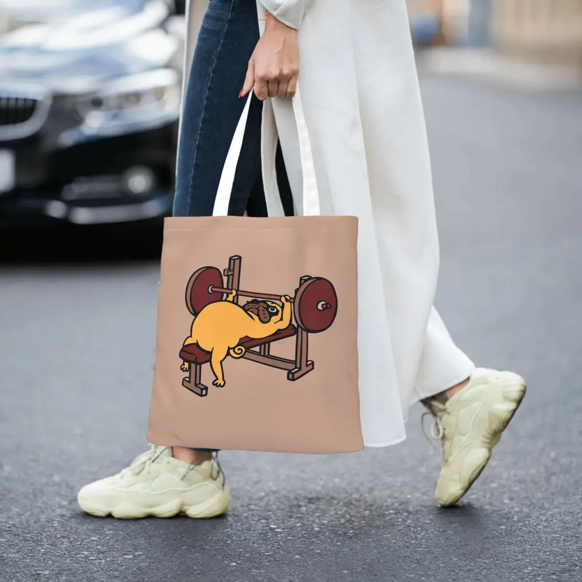 

Сумки для покупок Pug Bench Press, многоразовая холщовая большая сумка, женская сумка через плечо, дорожная сумка