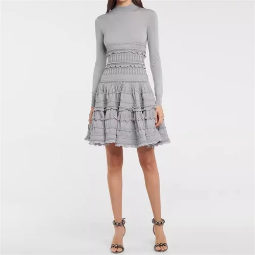 여성용 신축성 니트 슬림 미니 원피스, 용수철 2025 하이 퀄리티 울 혼방 하이 넥 짧은 드레스, 파티 드레스, 신제품 