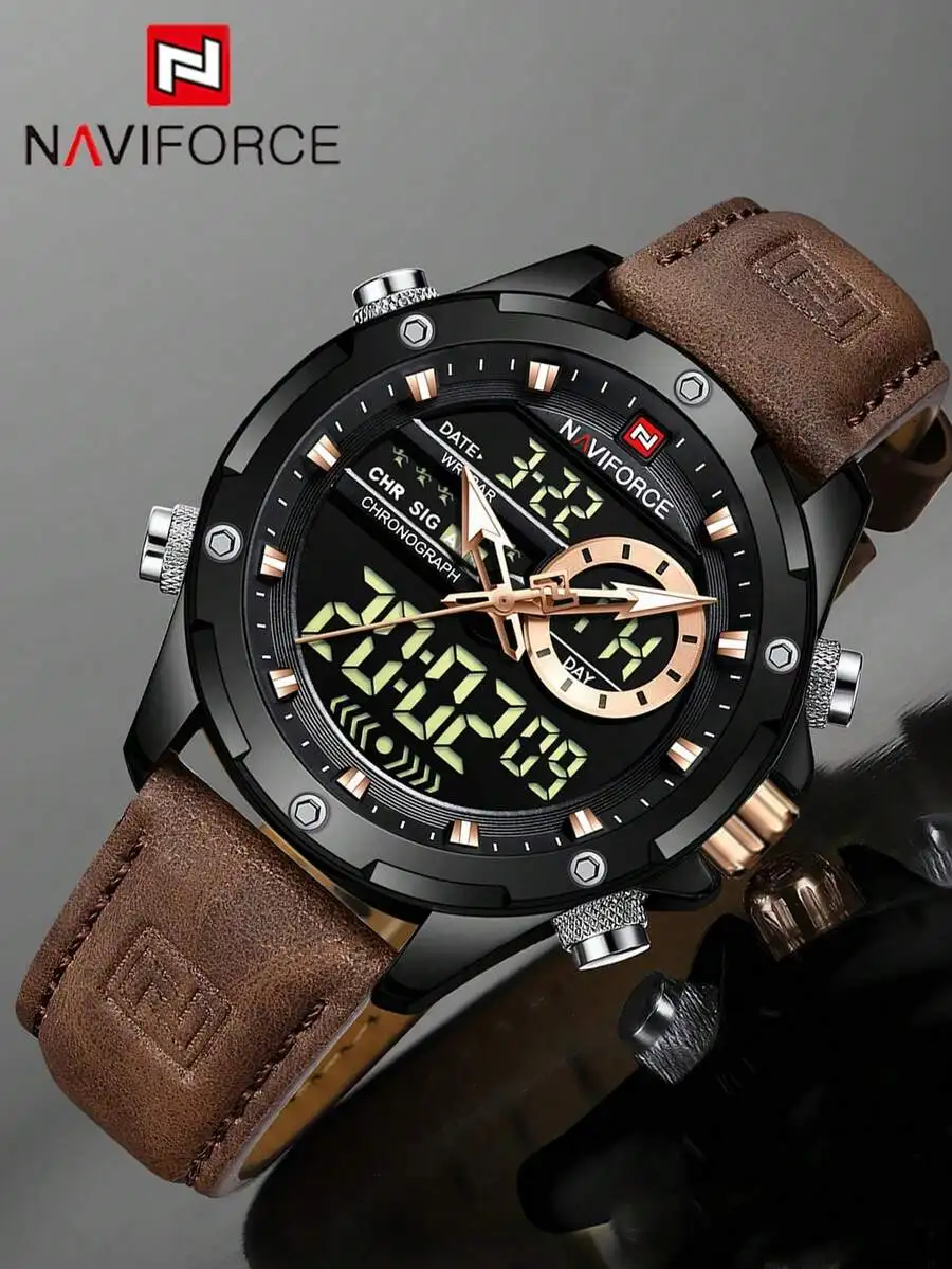 NAVIFORCE Men's Luxury Quartz Watch, Military LED Digital Waterproof Wristwatch, Sports Chronograph, Men's Clock