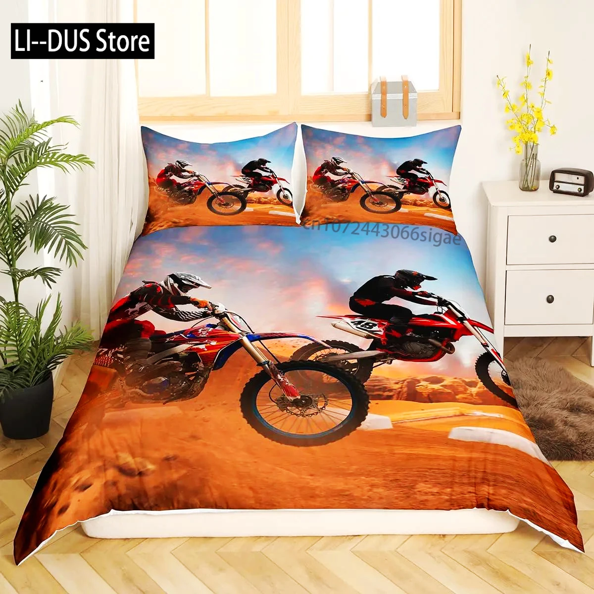 3pcs Cool Motorbike Bedding Set Dirt Bike Duvet Cover Twin Motocross Rider Comforter Cover Extreme Sports For Boys Adults