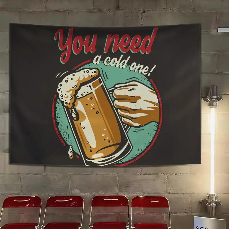 VIKAMA Retro American Beer Tapestry Fun Slogan Mug Wall Hanging Living Room Bar Aesthetic Decor Polyester Backdrop