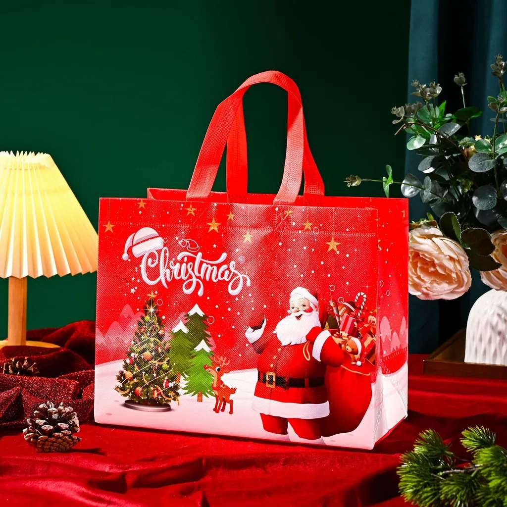 Non Woven Handbag Christmas Themed Gift Wrapping Bag Festive Printed Bag Holiday Reusable Gift Tote Bag For Festival Favor