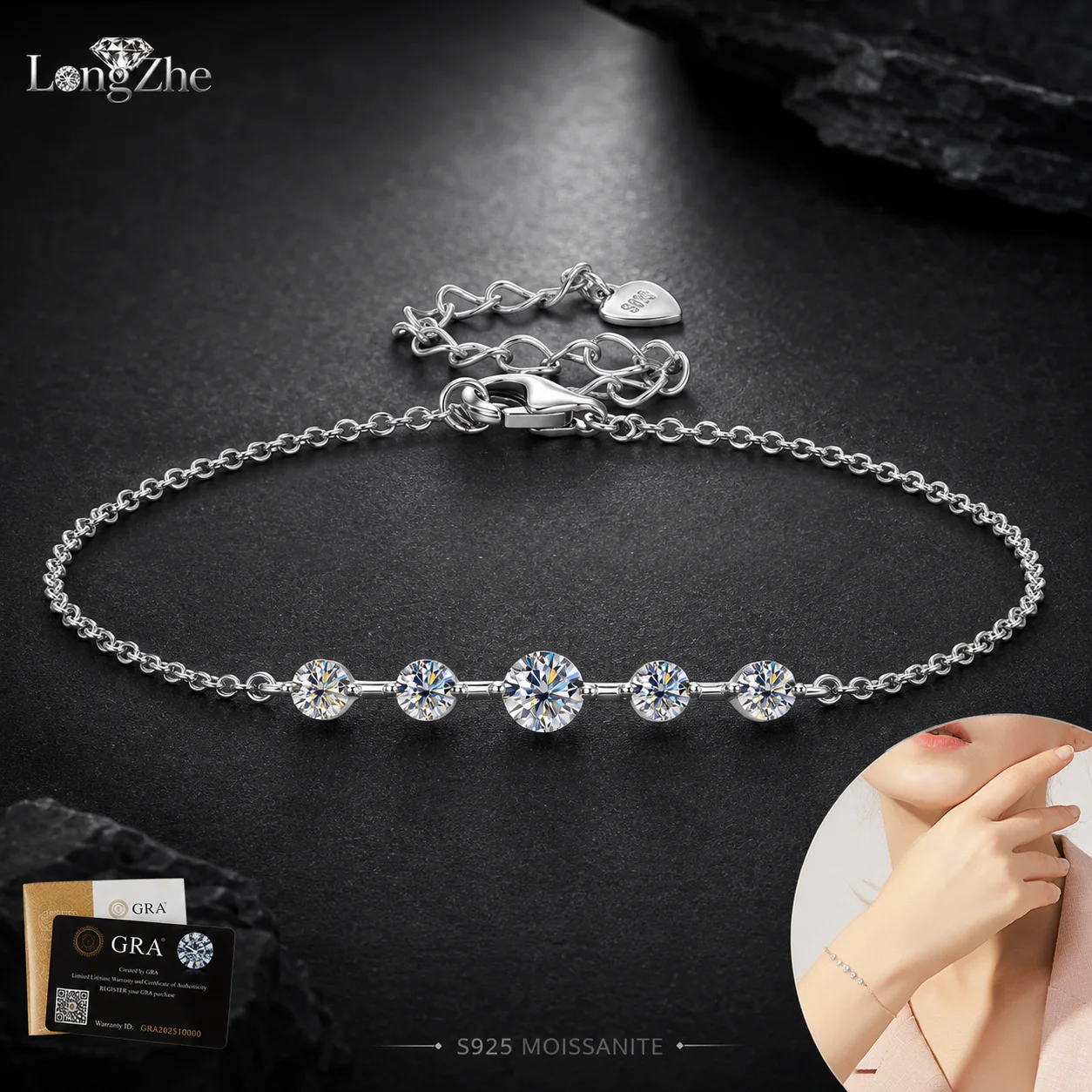 LongZhe S925 Silver Moissanite Bracelet 0.7CT Five Stone D Color GRA Certificate Diamond Tester Passed Fine Jewelry Gift