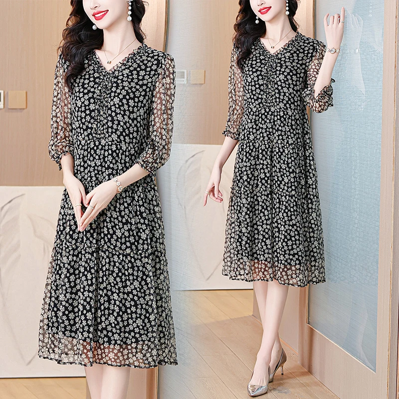 ฤดูใบไม้ผลิฤดูร้อนดอกไม้ชีฟอง Casual Beach Midi ชุดผู้หญิงเกาหลีแฟชั่น Elegant Prom 2025 Chic Luxury Party ชุดราตรี