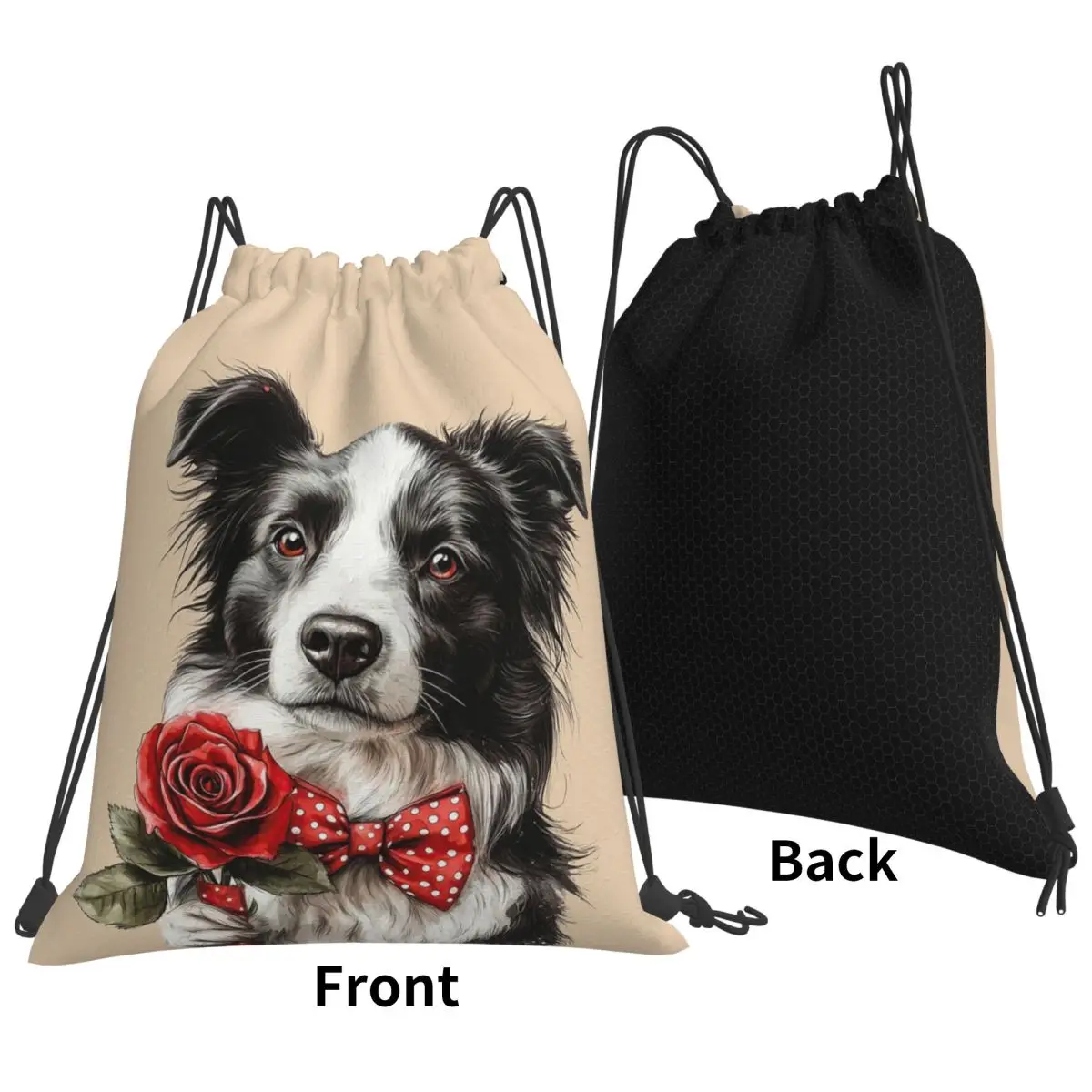 Sweet Border Collie With Red Rose Backpacks Fashion Drawstring Bundle Pocket Storage Bag Book Bags for Travel School