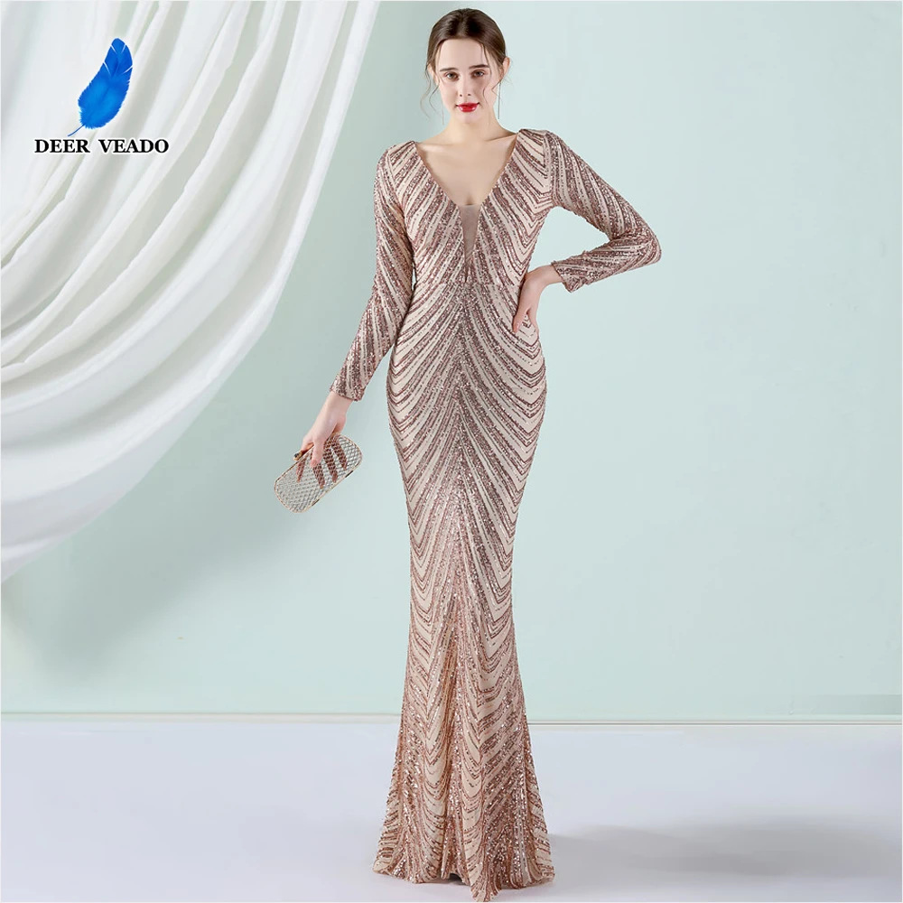 DEERVEADO Mermaid V Neck Sequins Evening Party Maxi Dress for Woman Elegant Long Special Occasion Dress Formal Gown