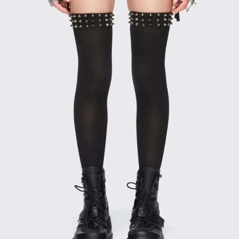 Elastic Black Knee High Spike Rivet Decoration Border Subculture Y2k Knee High Socks Long Tube Socks