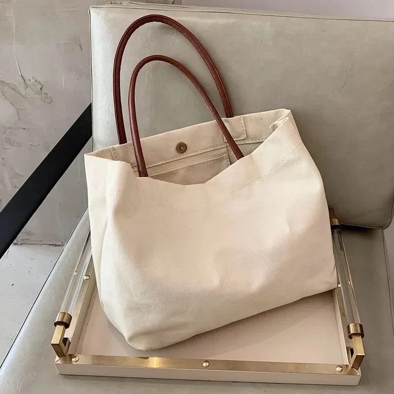 

2025 Women Canvas Shoulder Bag Solid Color High Quality Casual Handbag Bag Large Capacity Cotton Ins Reusable Shopping Beach Bag