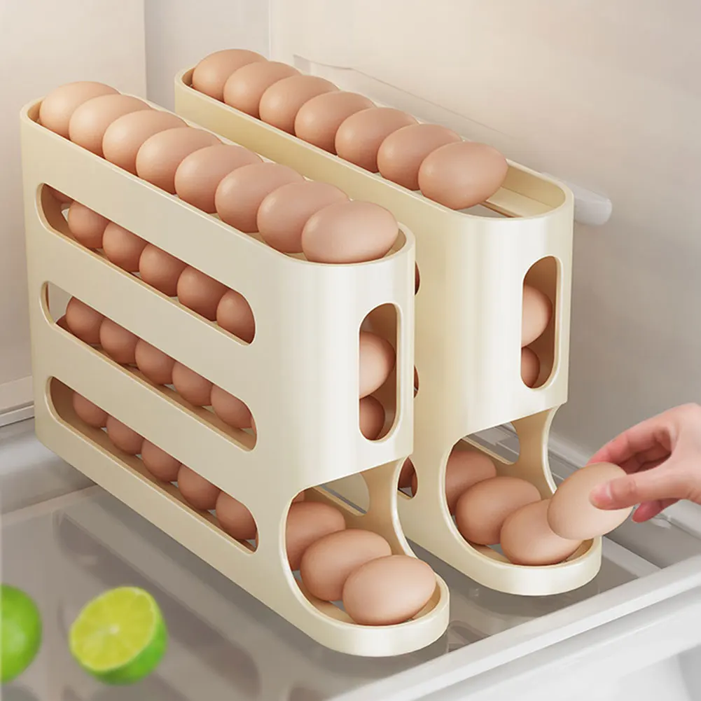 

4 Layers Automatic Rolling Egg Holder Rack Fridge Egg Storage Box Container Kitchen Refrigerator Egg Dispenser Fridge Organizer