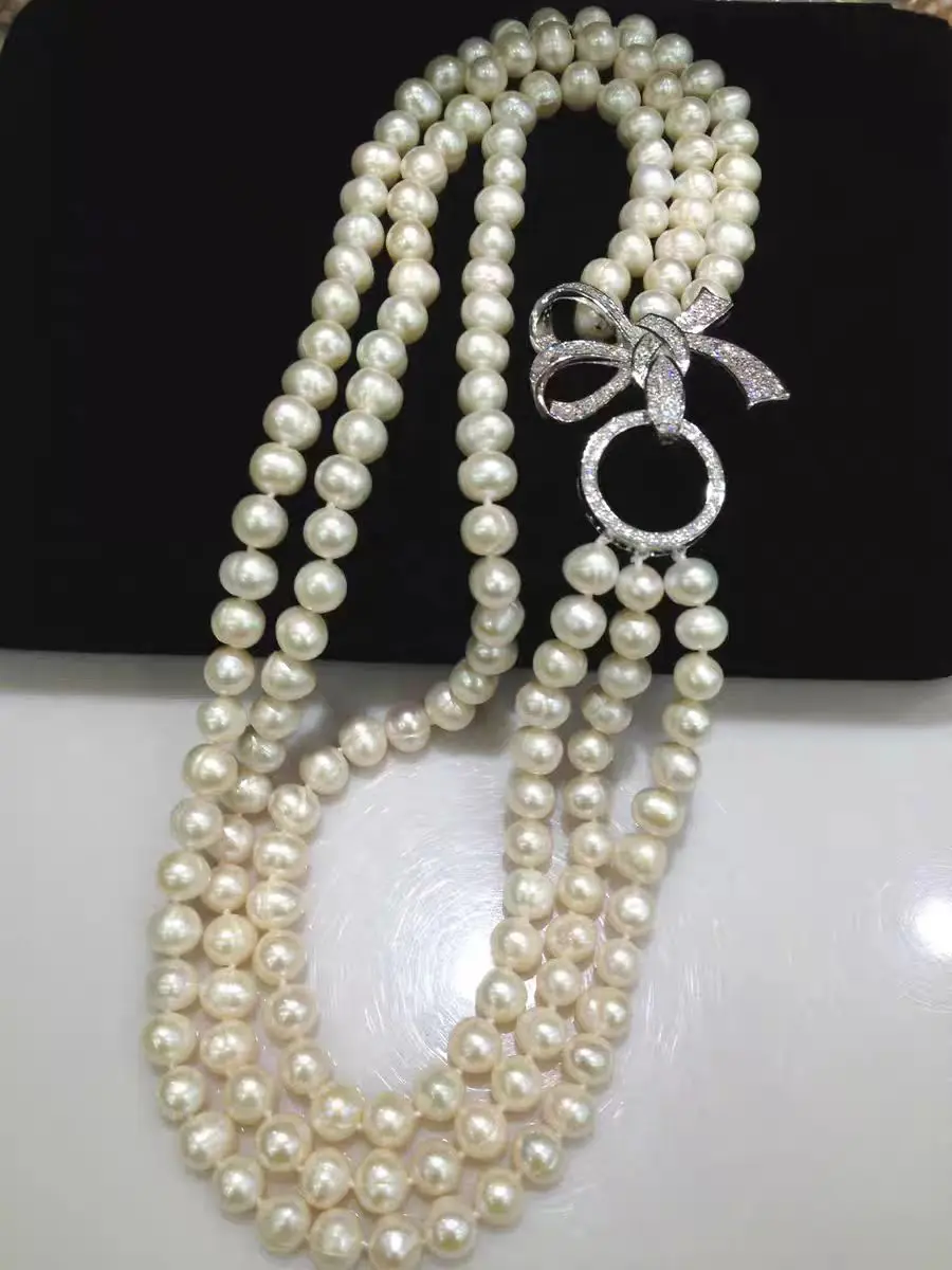 one set 3rows freshwater pearl  white near round 8-9mm nature necklace bracelet 17-19inch FPPJ & zircon hook