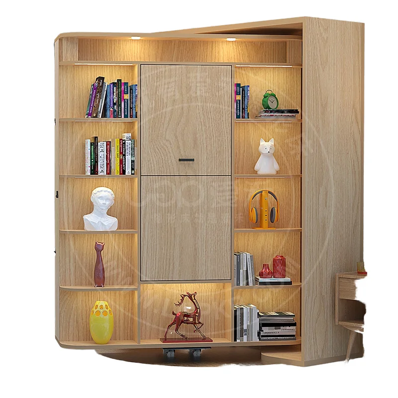 Hidden Wall Bookshelf Murphy Bed with Wardrobe Multifunctional Rotatable Folding Rotating Bed with Desk Wall Beds