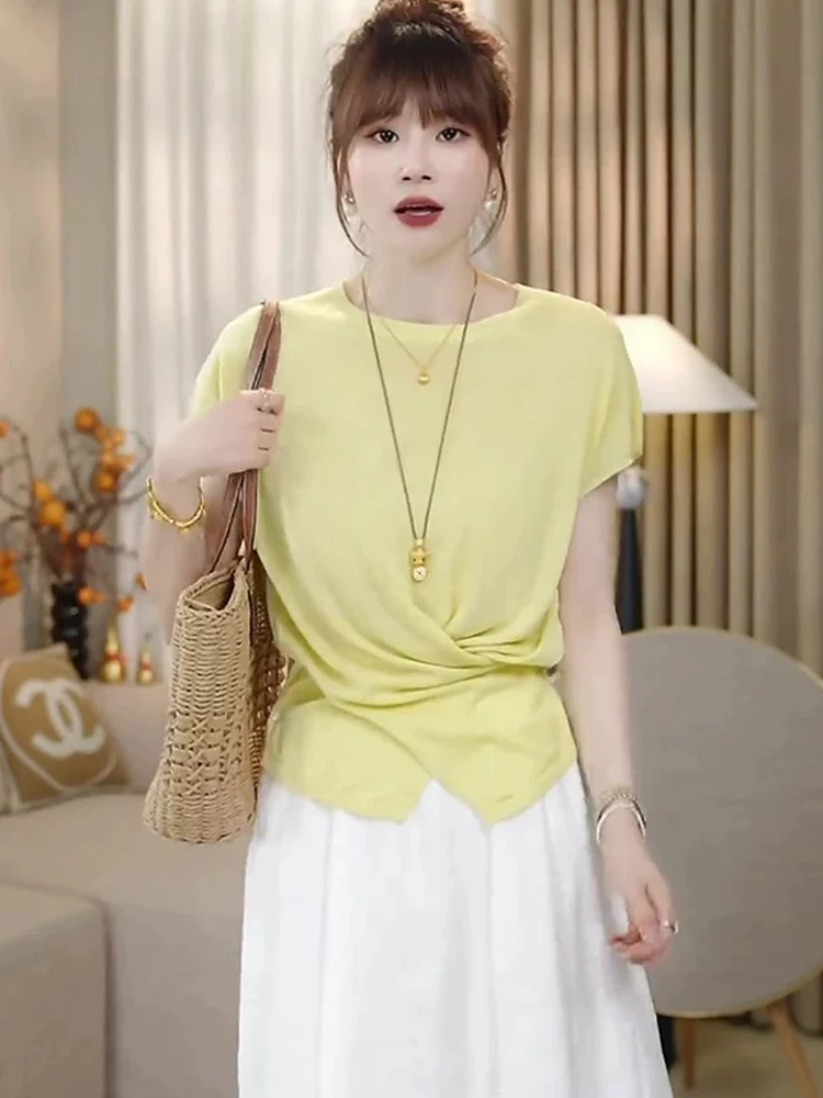 Rundes Ne Ice Silk Strickoberteil Overhead Agel Sommer Unebene Cross Slim Fit Farbe Korean Sle Pendeln Faion Damen...