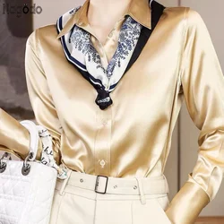 Brand Quality Luxury Office Lady Satin Shirts Women Autumn Winter Elegant Lapel Cardigan Plus Size Long Sleeve Blouses Silk Tops