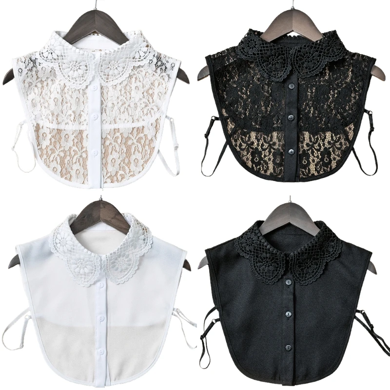 Women Elegant Decorative Lapel Half Shirt Blouse Hollow Out Jacquard Floral Lace Breathable Button Down Detachable False Fake