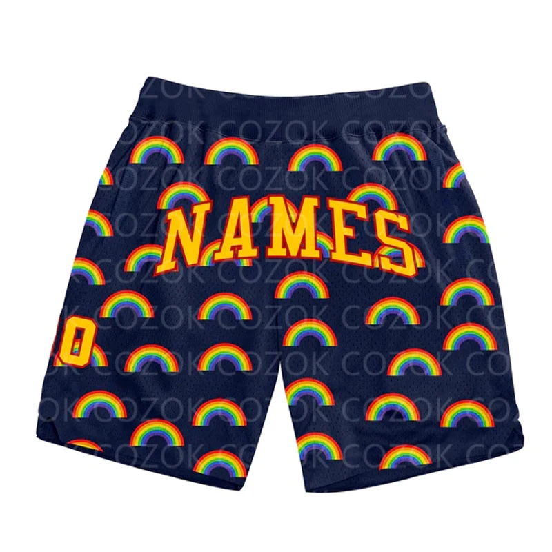 Shorts de basquete arco-íris personalizado masculino, impresso em 3D, seu nome, shorts de praia de secagem rápida, autêntico