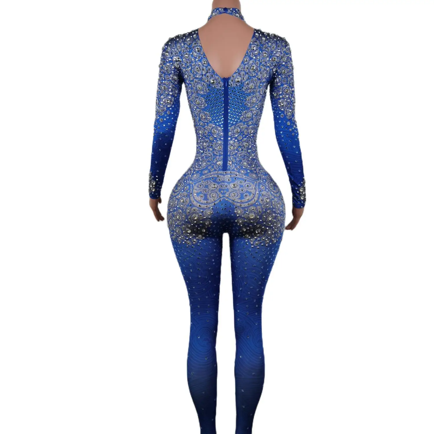 Funkelnde blaue Strass Jumps uit Frau Stretch Leggings Sänger Kostüm Geburtstags feier Club Bühne Outfit Spandex Yatelandi si