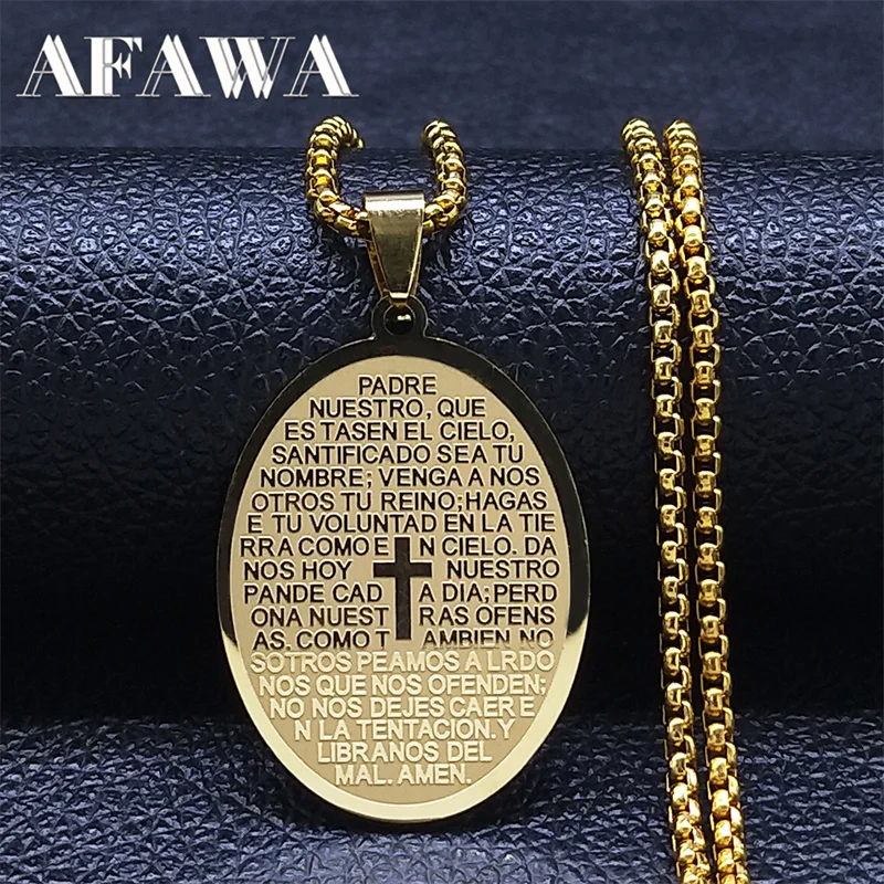 Werset biblijny naszyjnik z łańcuszkiem krzyżowym dla kobiet mężczyzn ze stali nierdzewnej hiszpański nasz ojcze Medal modlitwa pańska biżuteria collier N2037