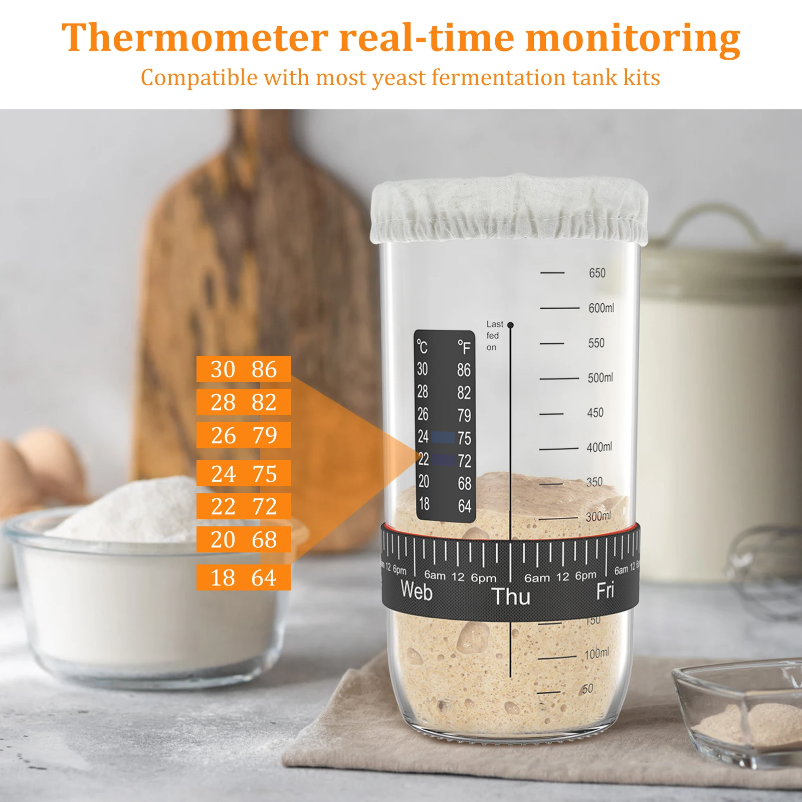 Sourdough Starter Acessórios Kit, Capa de pano, Data Marked Feeding Band, Temperatura Paper Jar, Novo, 6pcs