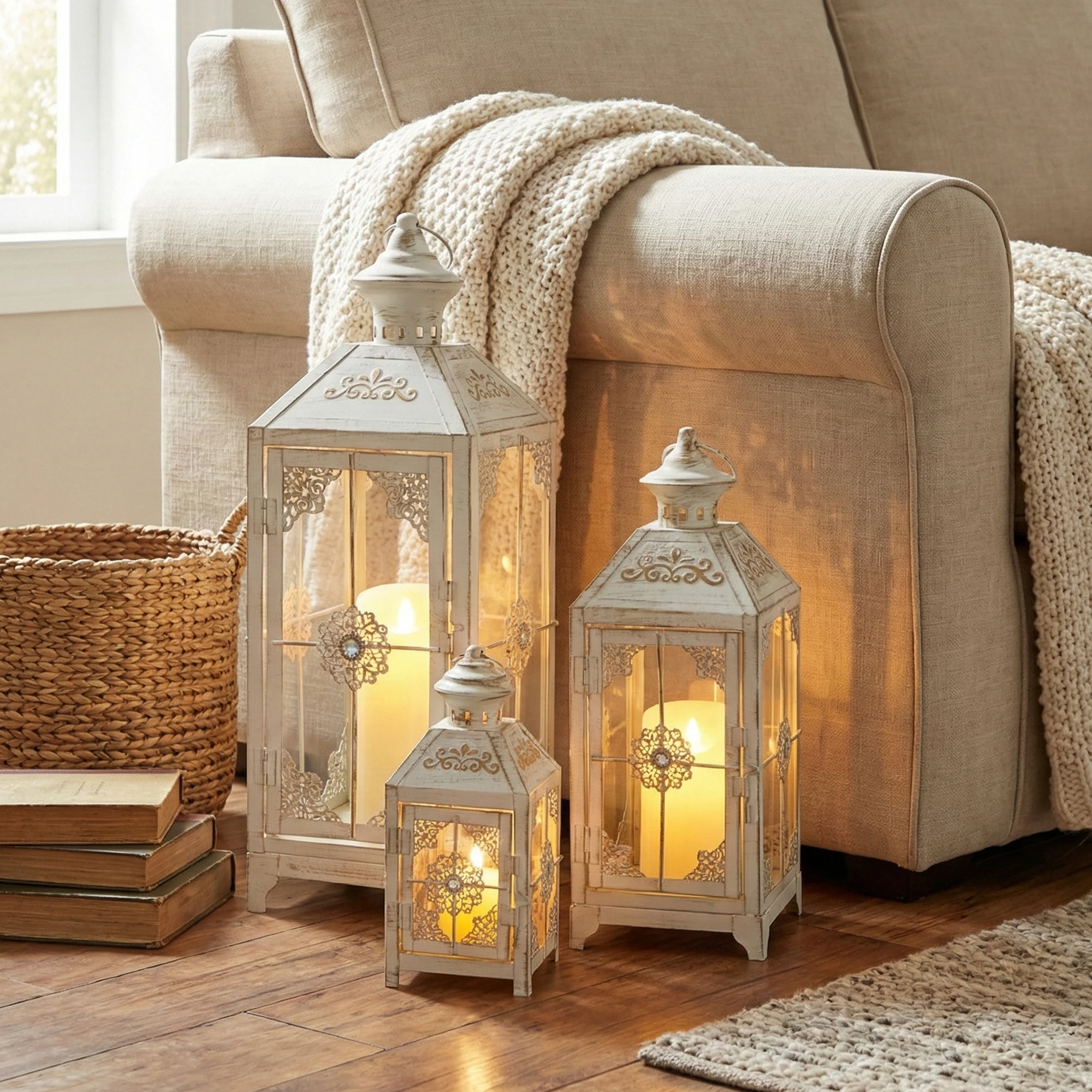 Set of 3 Vintage White Wedding Lantern Outdoor Garden Lanterns Elegant Event Decoration With Exquisite Patterns