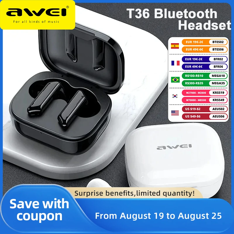 

Awei T36 Wireless Bluetooth Earbuds Waterproof Earphones with Mic Touch Control TWS Headset Long Standby Time For All Phone