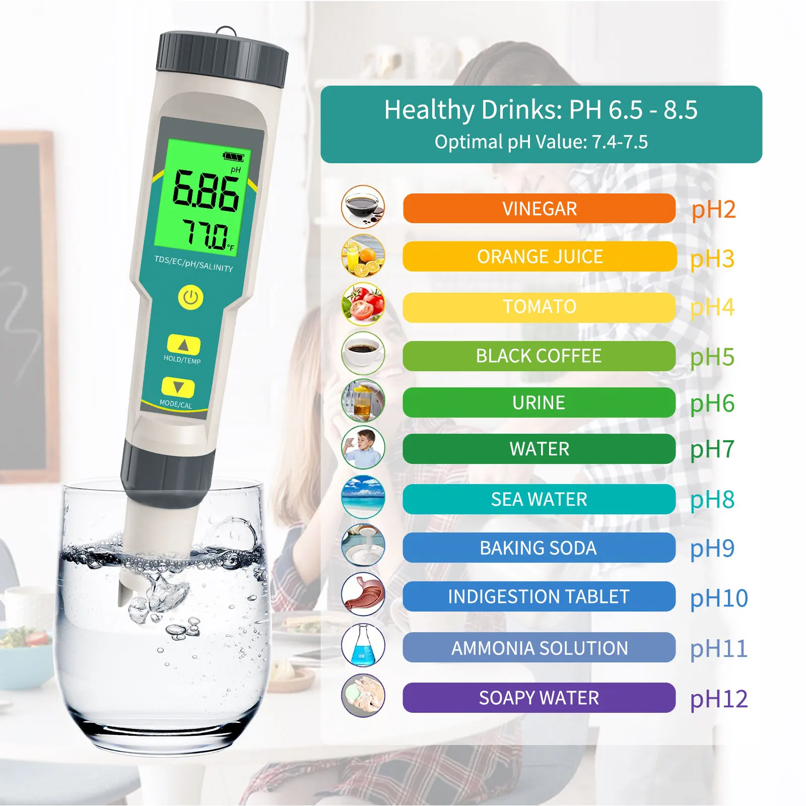 Testador de ph multifuncional, ph/ec/tds/salinidade/medidor de temperatura, testador de qualidade da água para aquário, água potável, piscina hidropônica