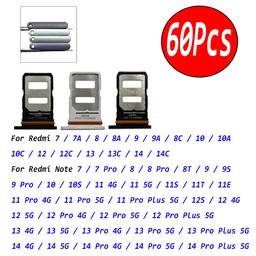 

60Pcs,SIM Card Tray Chip Slot Drawer Holder Adapter Accessories For Redmi Note 7 8 8T 9 9S 10 10S 11 4G 11s 11E 11T 12s 13 14 5G