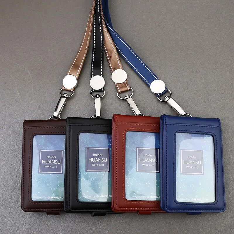 NEW Genuine Leather Badge Holder ID Name Tag Cases Business Work Card Holders Lanyard Chest Card Bag Can Hold 5 Cards