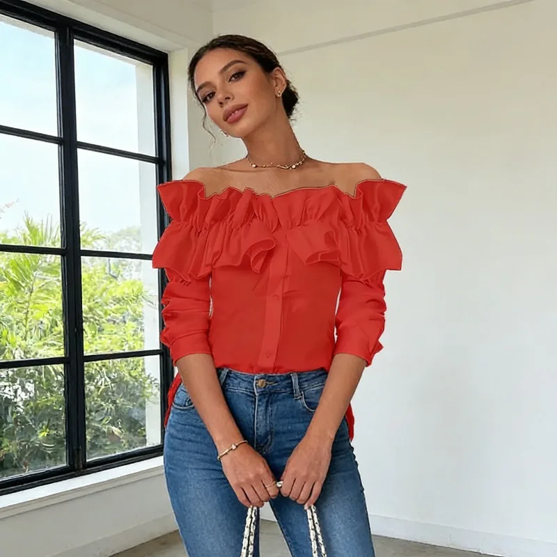 Koreańska moda, jednolity kolor, dekolt typu slash neck, odkryte ramiona, rozcięcie, nieregularny krój, koszula na wiosnę i jesień, codzienna koszula z falbankami, topy damskie.