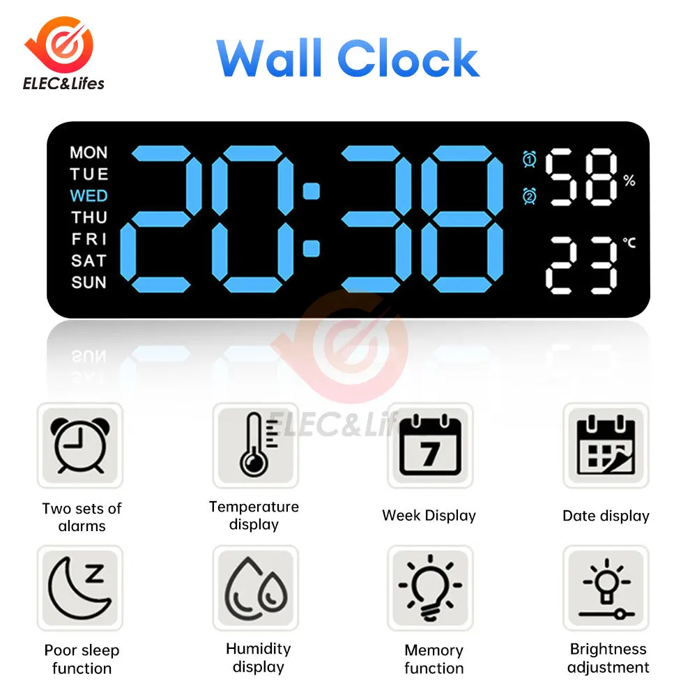 Big Digital LED Wall Alarm Clock with Calendar and Temperature humidity Display for Bedroom Living Room Table Desktop Decoration