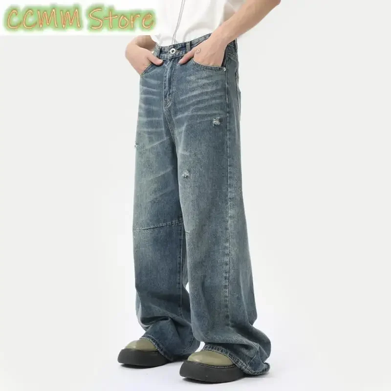 American Style Men's Denim Pants Washing Fashion Loose Men's Straight Trousers Casual Wide Leg Jeans New Summer