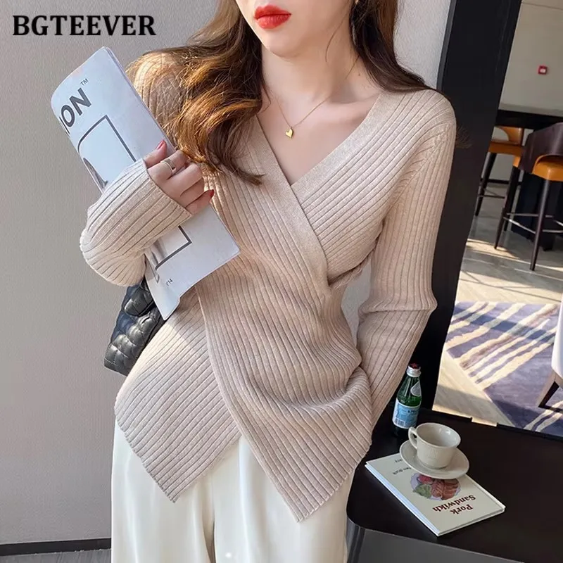 

BGTEEVER Stylish V-neck Criss-Cross Knitted Pullovers Women Long Sleeve Slim Split Sweaters Female Autumn Winter Knitwear