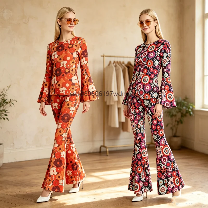 Conjunto de 2 Piezas con Estampado Floral Retro de los 90 para Mujer, Top de Manga Larga con Campana y Pantalones Acampanados, Disfraz Hippie para Fiesta Disco, Carnaval, Cosplay