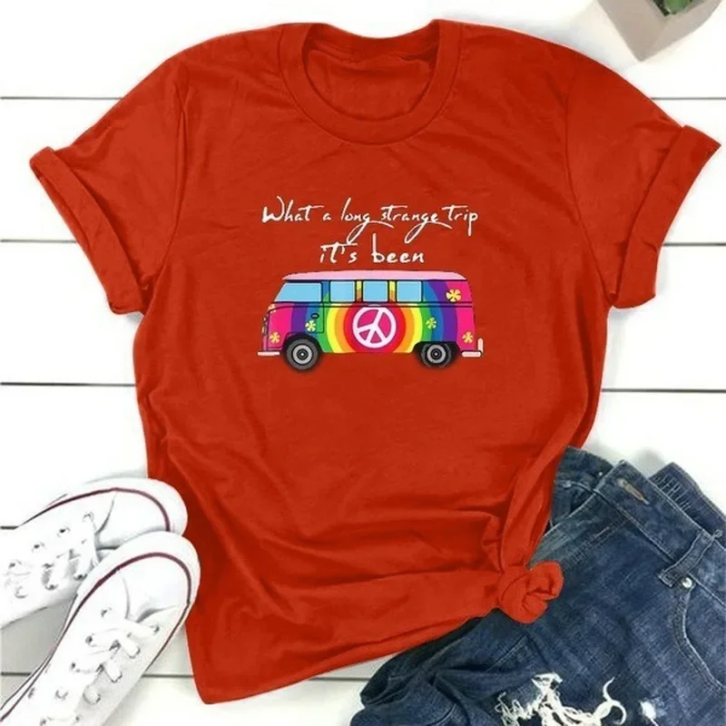 Rainbow Bus Print T Shirt Women Short Sleeve O Neck Loose Tshirt Summer Women Tee Shirt Tops Camisetas Mujer