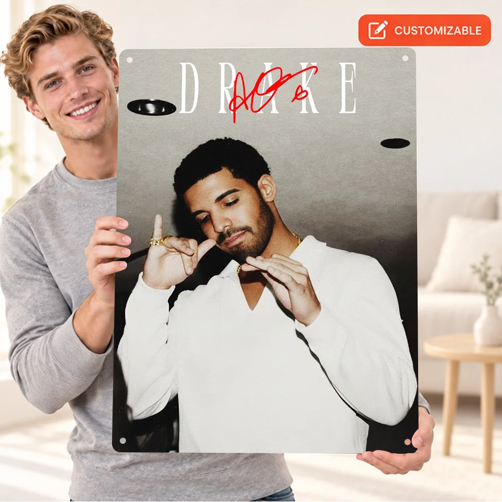 Drake Portrait With Red Signature Rapper Aluminum Poster Customized Metal Sign Monochrome Wall Art For Music Room Birthday Gift