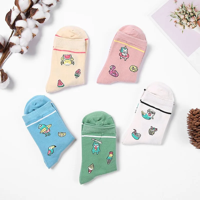 Chaussettes en coton à imprimé animal drôle pour femmes, chaussettes de sport, tube moyen, Kawaii, personnalisé, simple, original, X122