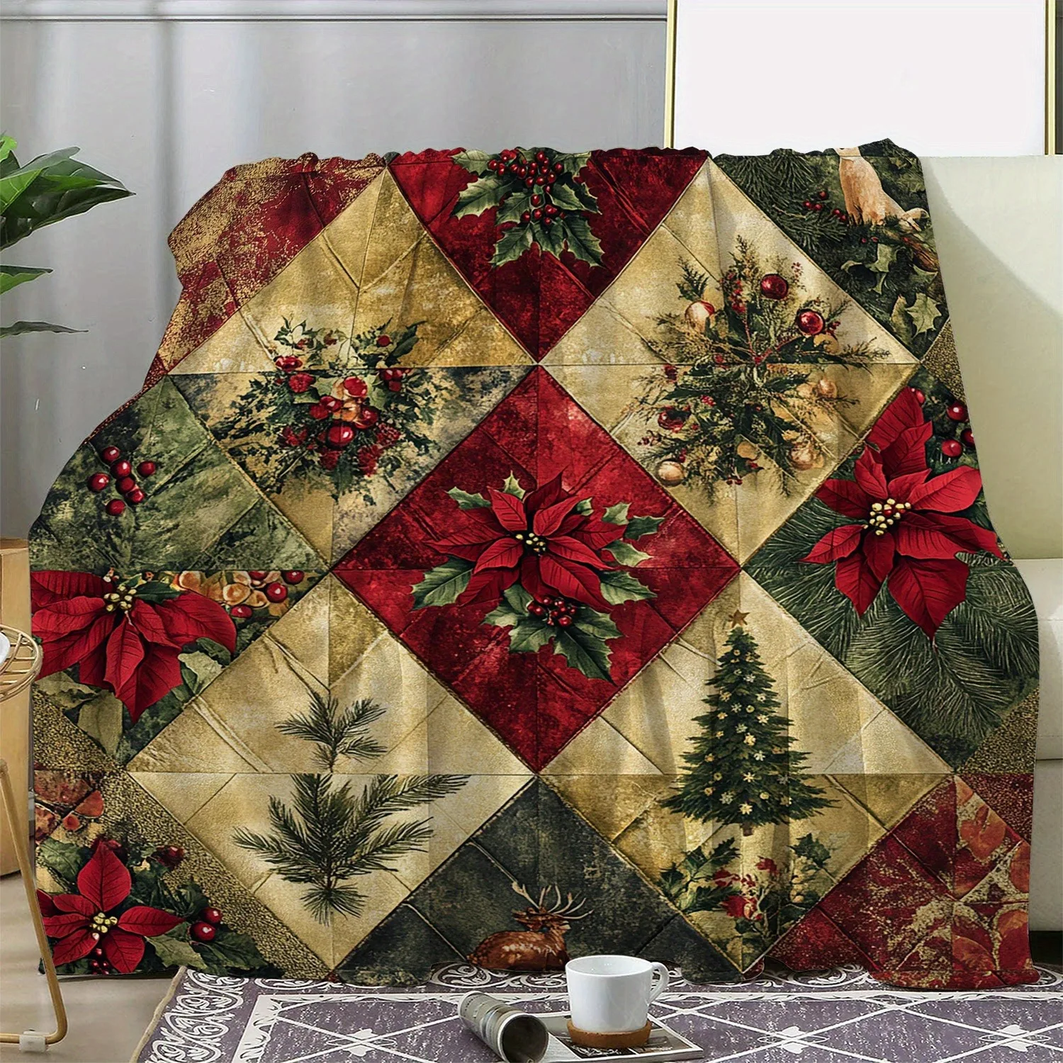 

Christmas Flannel Blanket Multiple Sizes 2D Print Vintage Plaid Reindeer Tree Polyester Couch Bed Car Gift Warmth