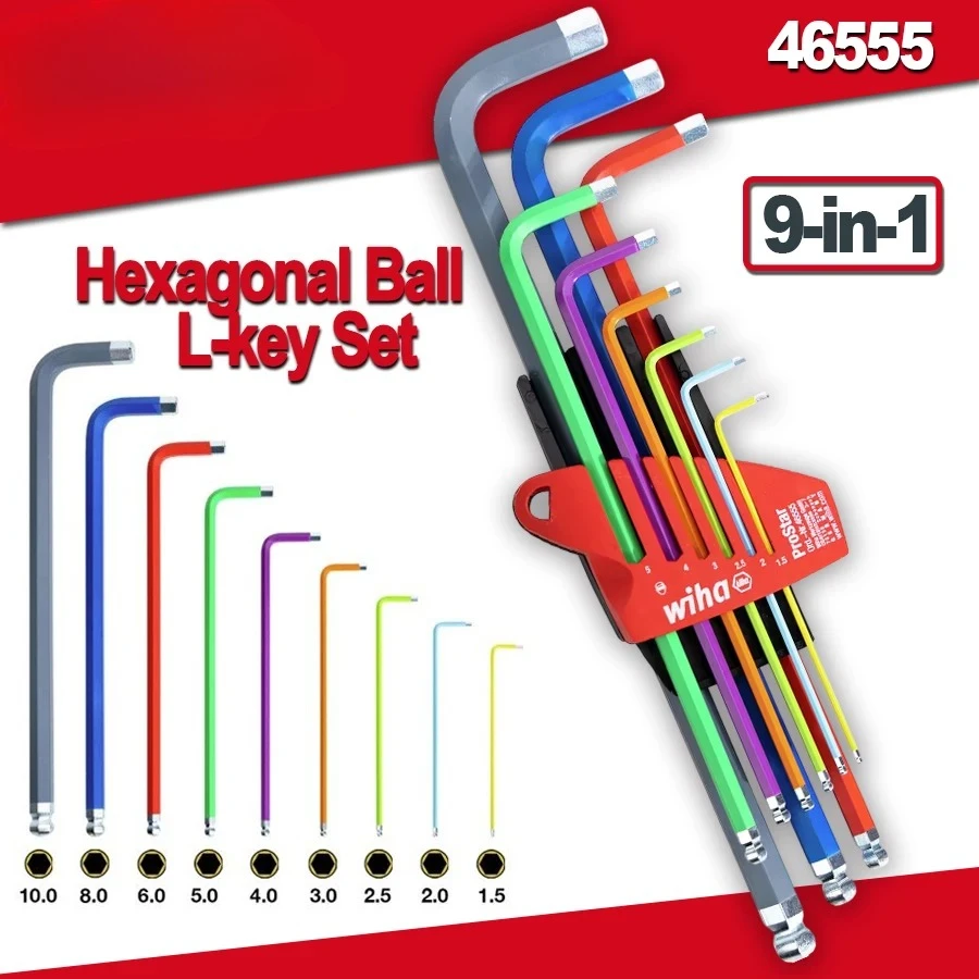 9 Pcs Hexagonal ball L-key Set in ProStar Holder in Luminescent Colour Hand Tool NO.46555  Hex Bar Ball point L-Wrench Set
