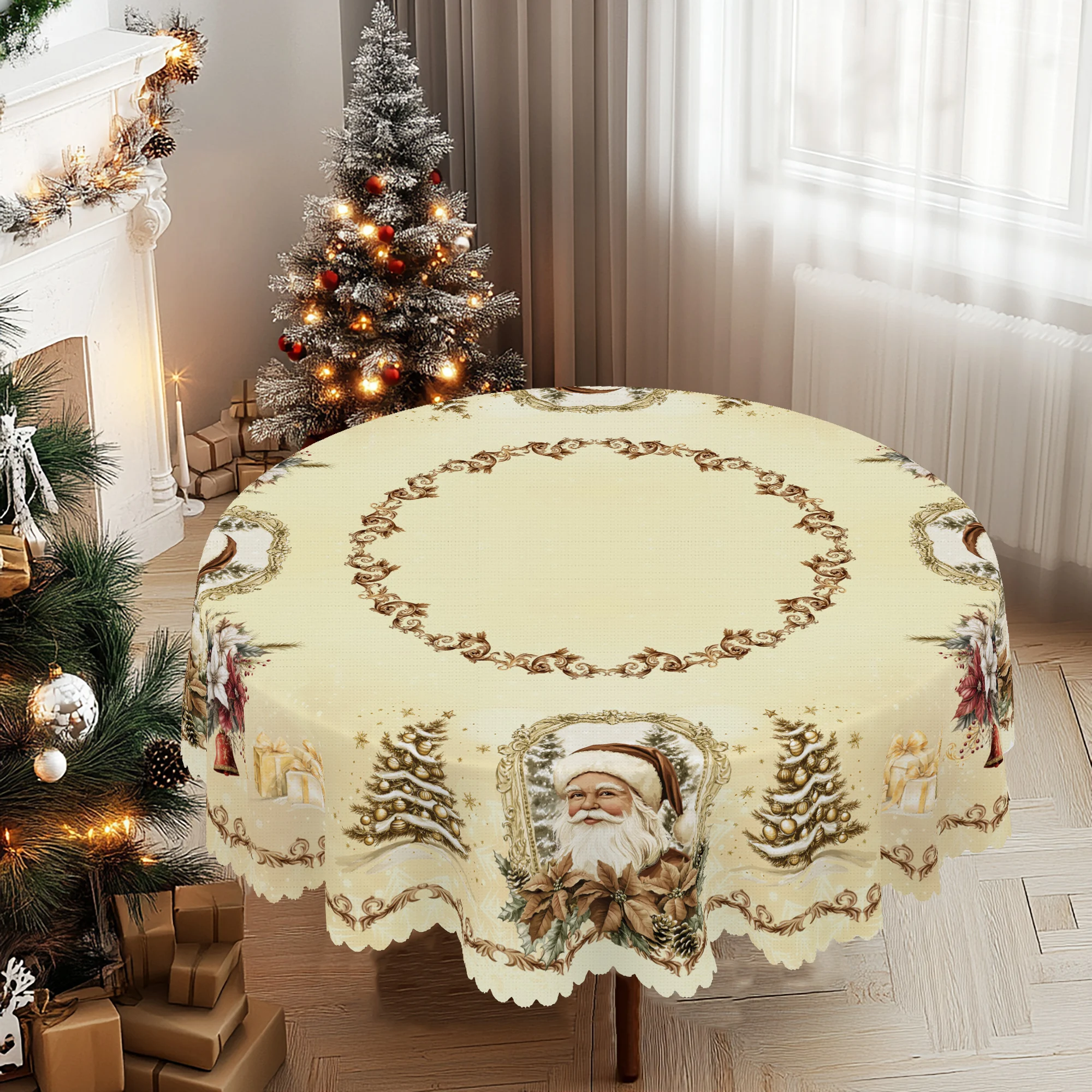 1 Piece Christmas-Themed Round and Rectangular Tablecloth, Various Sizes, Santa Claus Reindeer Vintage Gold and White Tablecloth, Christmas Yard Tablecloth Decoration, Suitable for Daily Home Kitchen and Patio Use, Gift