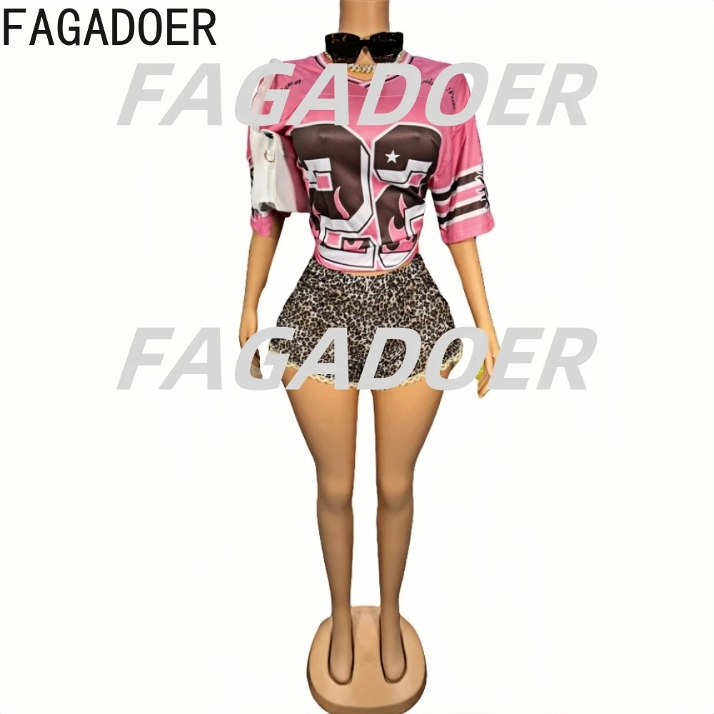 FAGADOER Pink Fashion Y2K Letter Print Basketball Tshirts Two Piece Sets Women V Neck Loose Top And Leopard Ruched Shorts Outfit