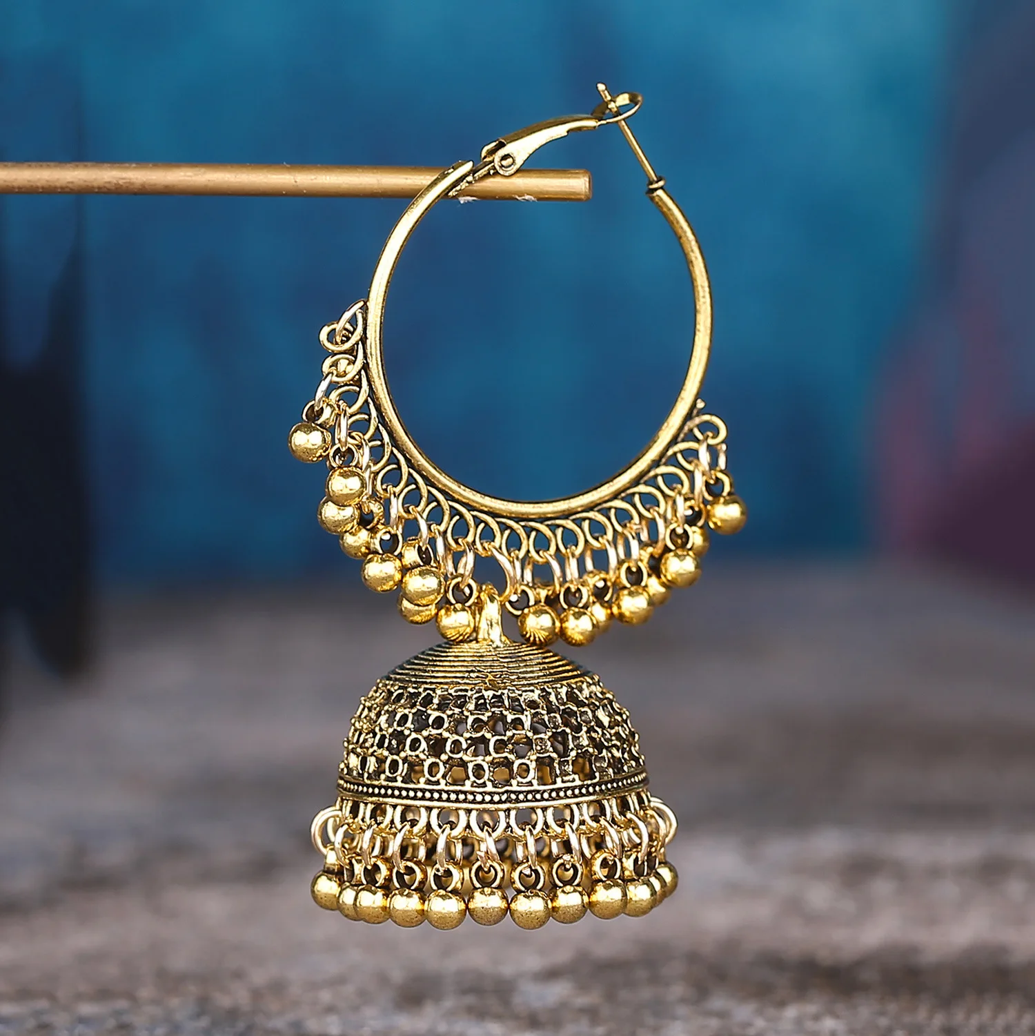 Ethnic Big Round Bells Tassel Earring Ring Set for Women Vintage Gold Plated Jewelry Sets Wedding Party Jewelry Accessories