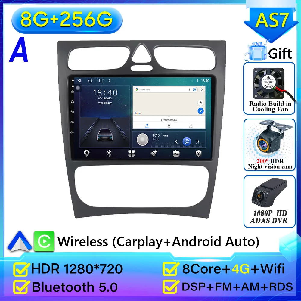 Autoradio Carplay Voor Mercedes Benz C-Klasse W203 C200 C320 C350 CLK W209 2002-2005 navigatie GPS Android Auto 5G Wifi Geen 2din