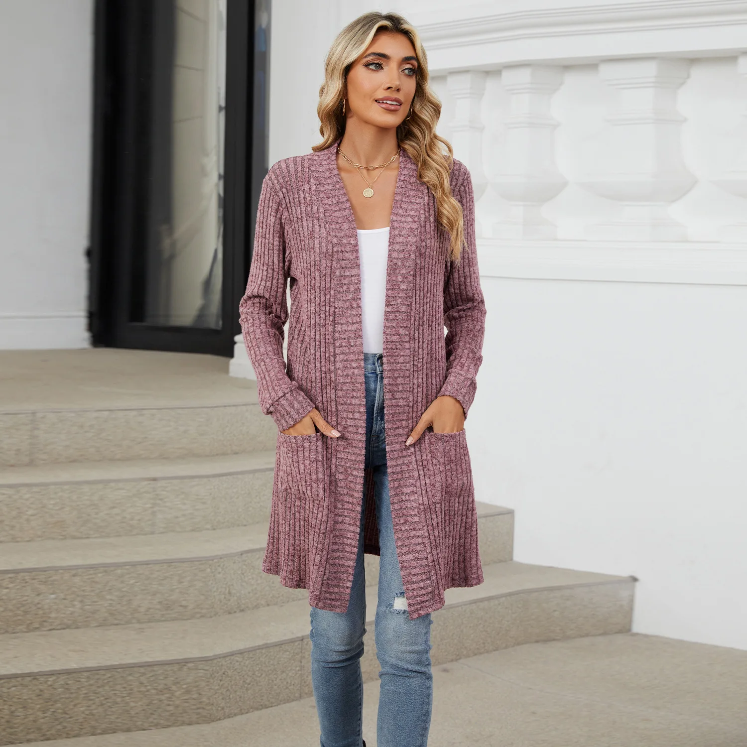 Long solid color long sleeved loose pocket cardigan jacket for women