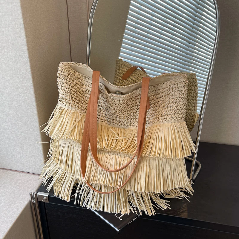 Tassel Casual Shoulder Bags Straw Braid Large Capacity Solid Tote Bags for Women 2024 Summer Hot Sale High Quality