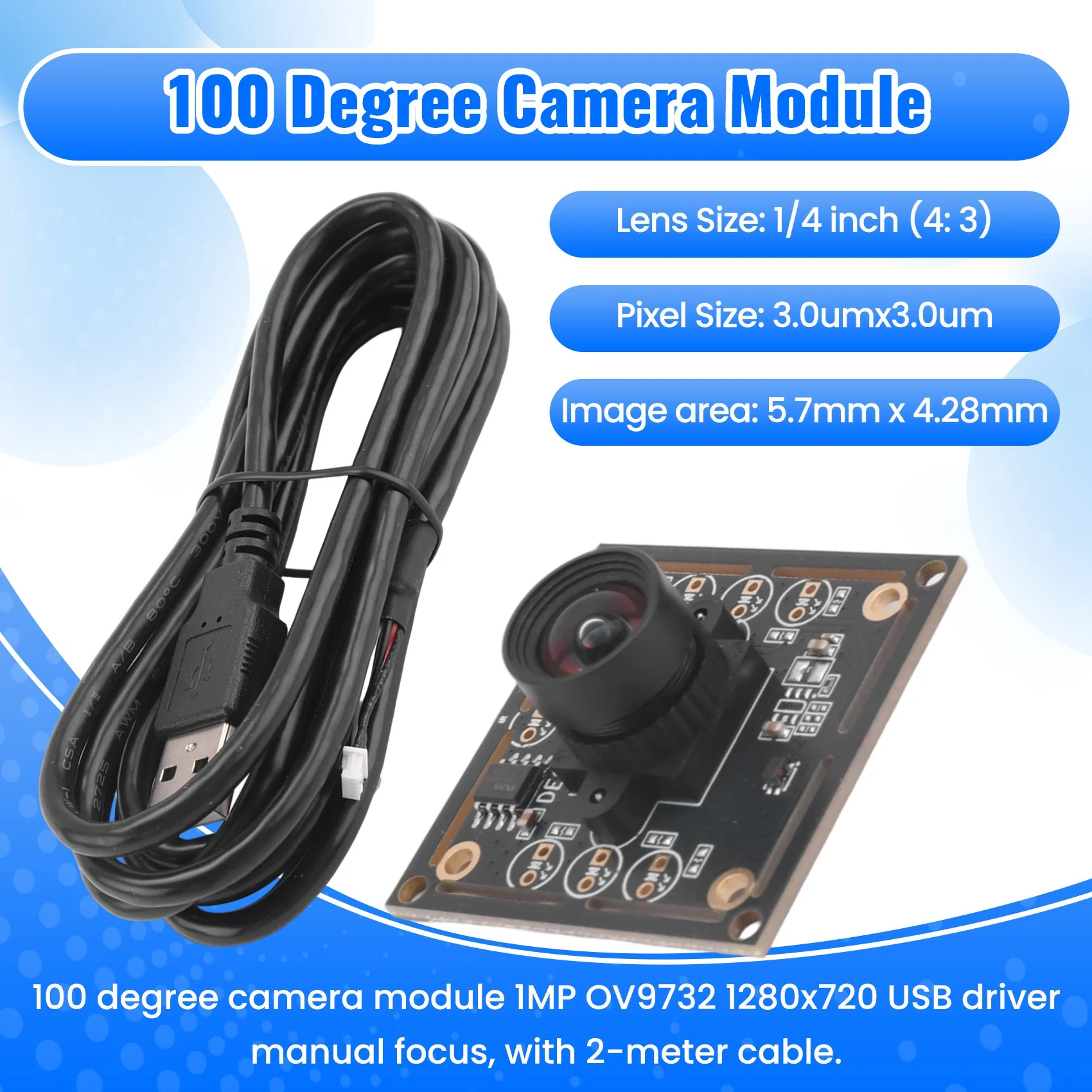 USB 프리 드라이버 수동 초점 카메라 모듈, WinXP, 7, 8/10 용 케이블 2 개, 100 도 카메라 모듈, 1MP OV9732, 1280x720, 3 개 계량기