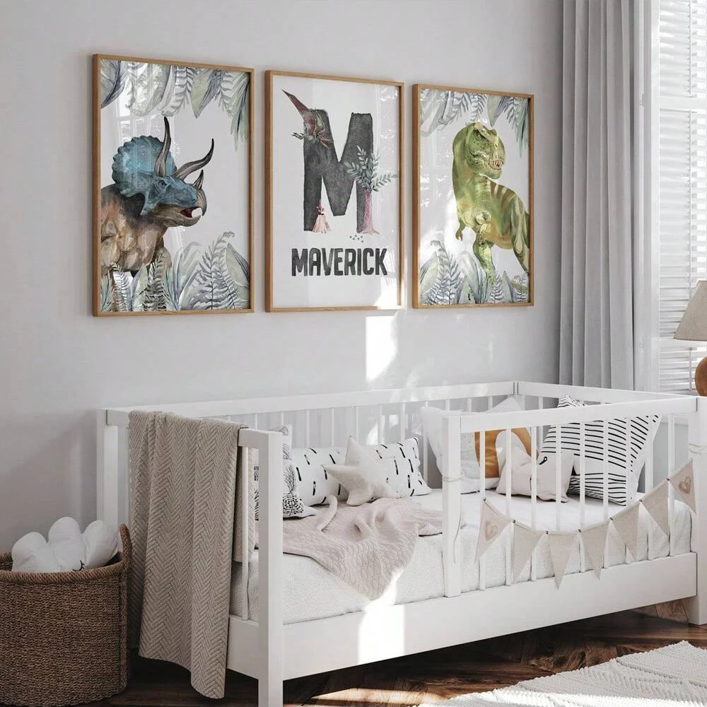 مجموعة فنية جدارية مخصصة من قماش الديناصورات مكونة من 3 قطع - مطبوعات، حبر بدون إطار عالي الجودة على القماش، مثالية لغرفة الأولاد والحضانة والدينو #4
