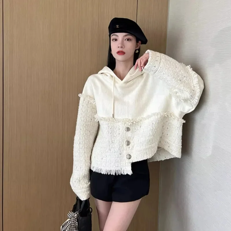 

Advanced Temperament Versatile And Fashionable Hooded Sweater For Women AutumnLoose Fitting Small Fragrant Patchwork Top Coat