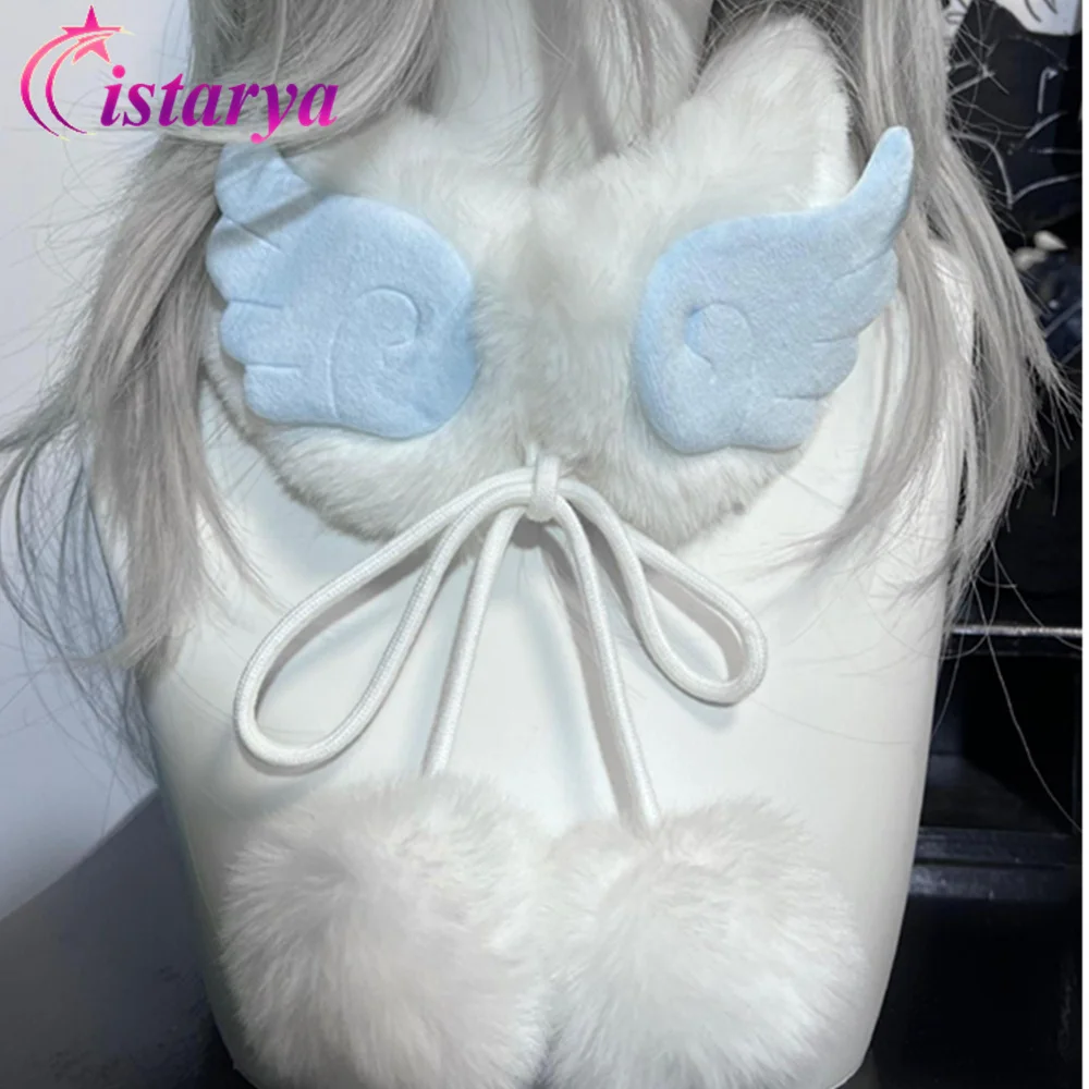 Harajuku Angel Wings Plush Faux Fur Scarf Women Winter Warm Lace-Up Fleece Ball Neck Wrap Kawaii Chic Streetwear Y2K Scarves