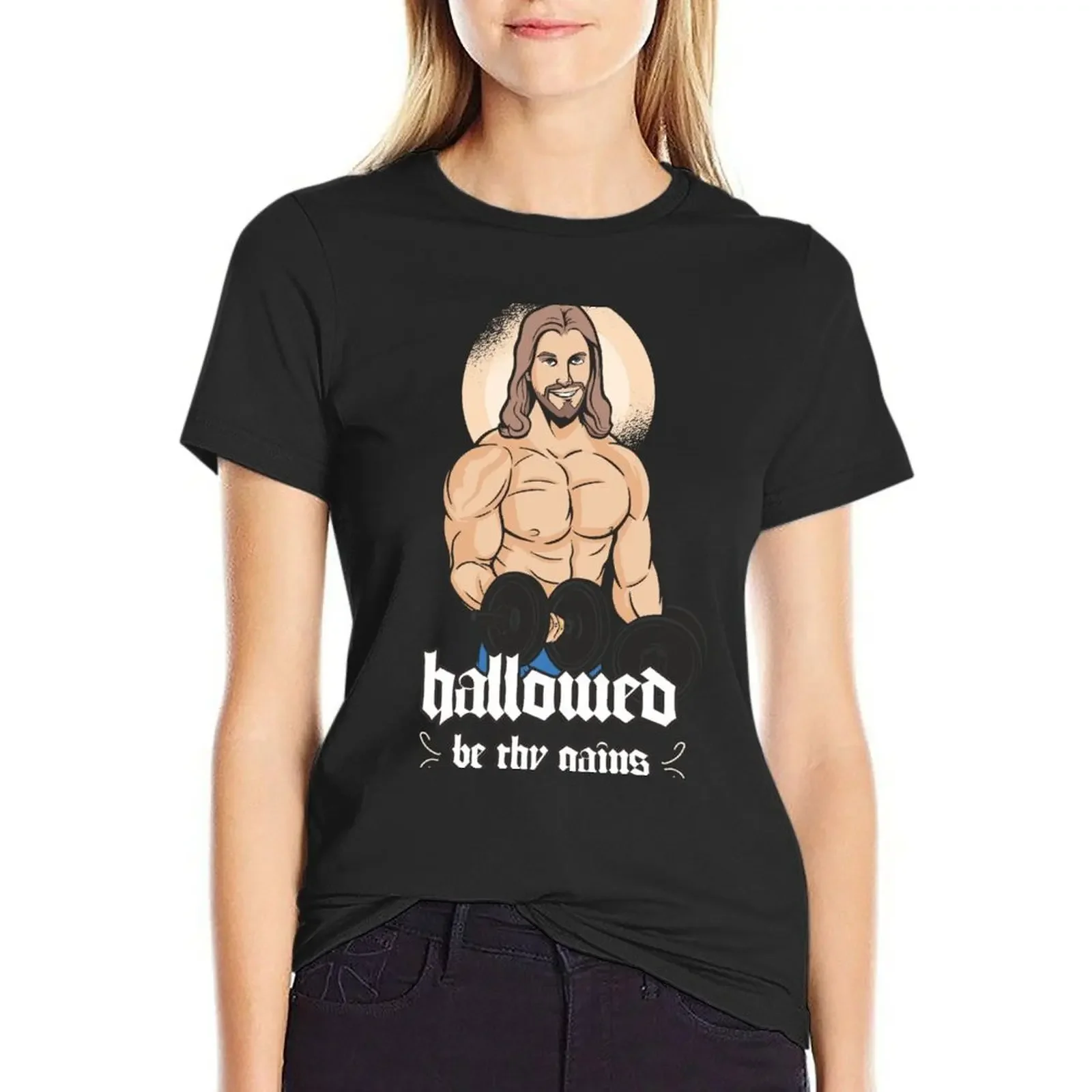 Hallowed Be Thy Gains Weightlifting Cartoon Pun T-Shirt cute tops anime clothes tees oversized t shirts for Women